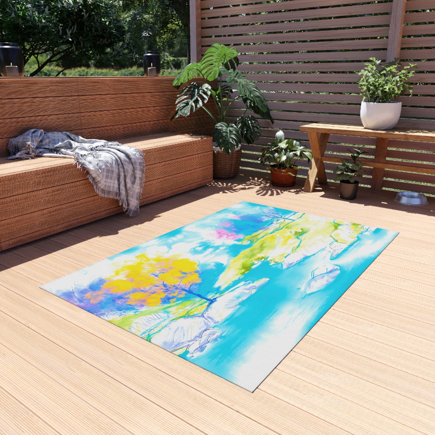 Joyful Landscapes Indoor/Outdoor Rug, Yellow and Blue, Non-Slip