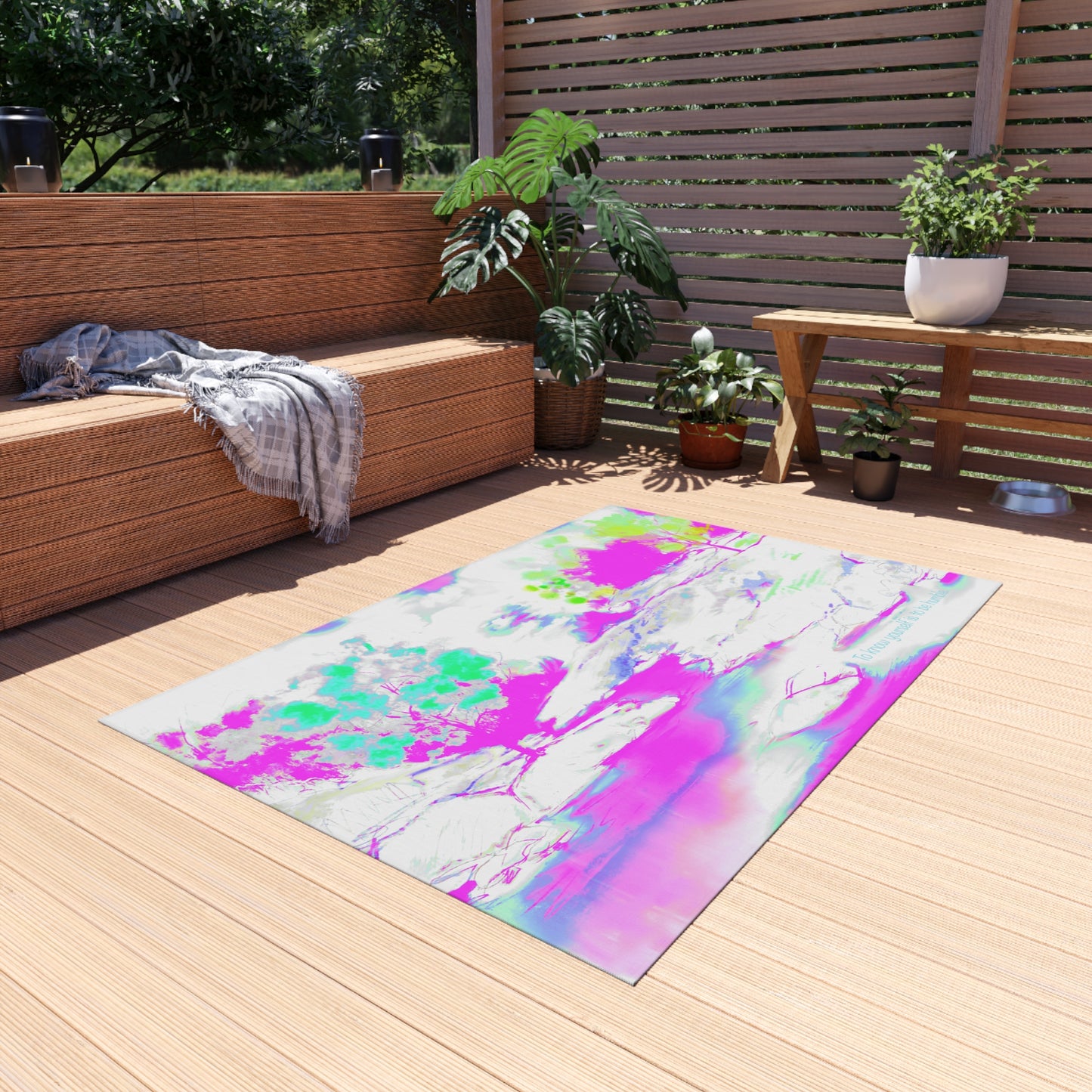 Inspirational Landscapes Indoor/Outdoor Area Rug "To know yourself is to be humble", Green, Aqua, and Lilac