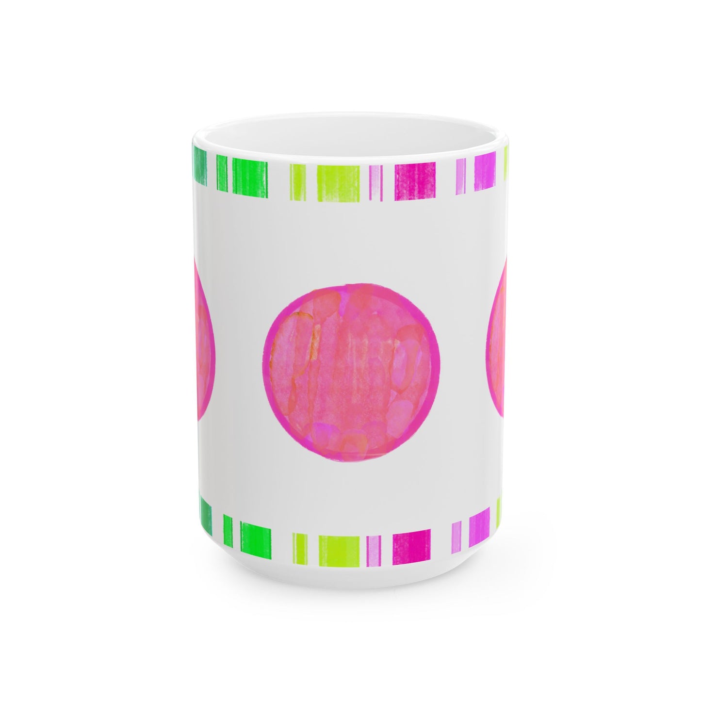 Mega Dot & Stripes border Coral Ceramic Mug, (11oz, 15oz)