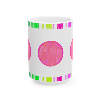 Mega Dot & Stripes border Coral Ceramic Mug, (11oz, 15oz)