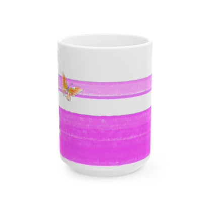 Mega Stripe Kitty Butterfly Flutter Ceramic Mug Purplish Pink