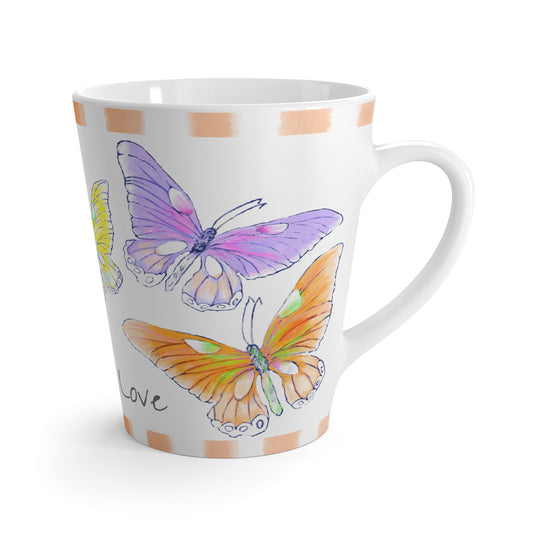 Butterfly Swing Latte Mug  Aqua, Lilac, Pink, Orange , yellow Butterflies, Orange Stripe “Dare to Love”
