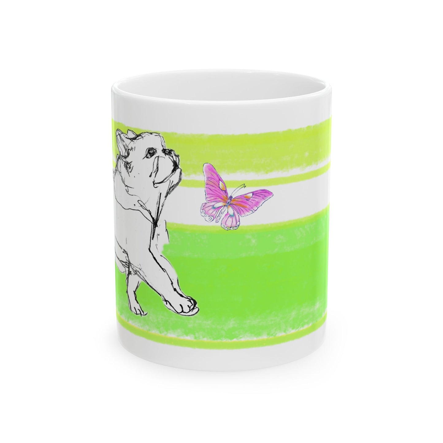 Mega Stripe Dogi Butterfly Flutter Ceramic Mug, (11oz, 15oz) Yellow Green Bulldog