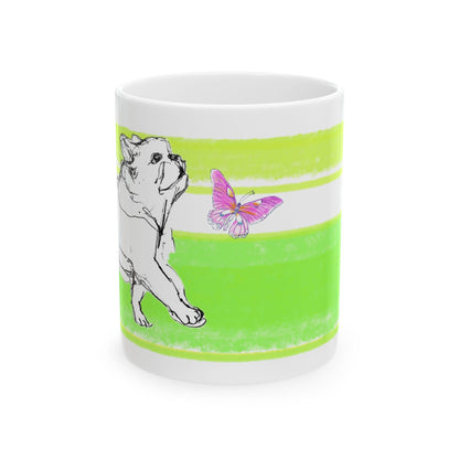 Mega Stripe Dogi Butterfly Flutter Ceramic Mug, (11oz, 15oz) Yellow Green Bulldog