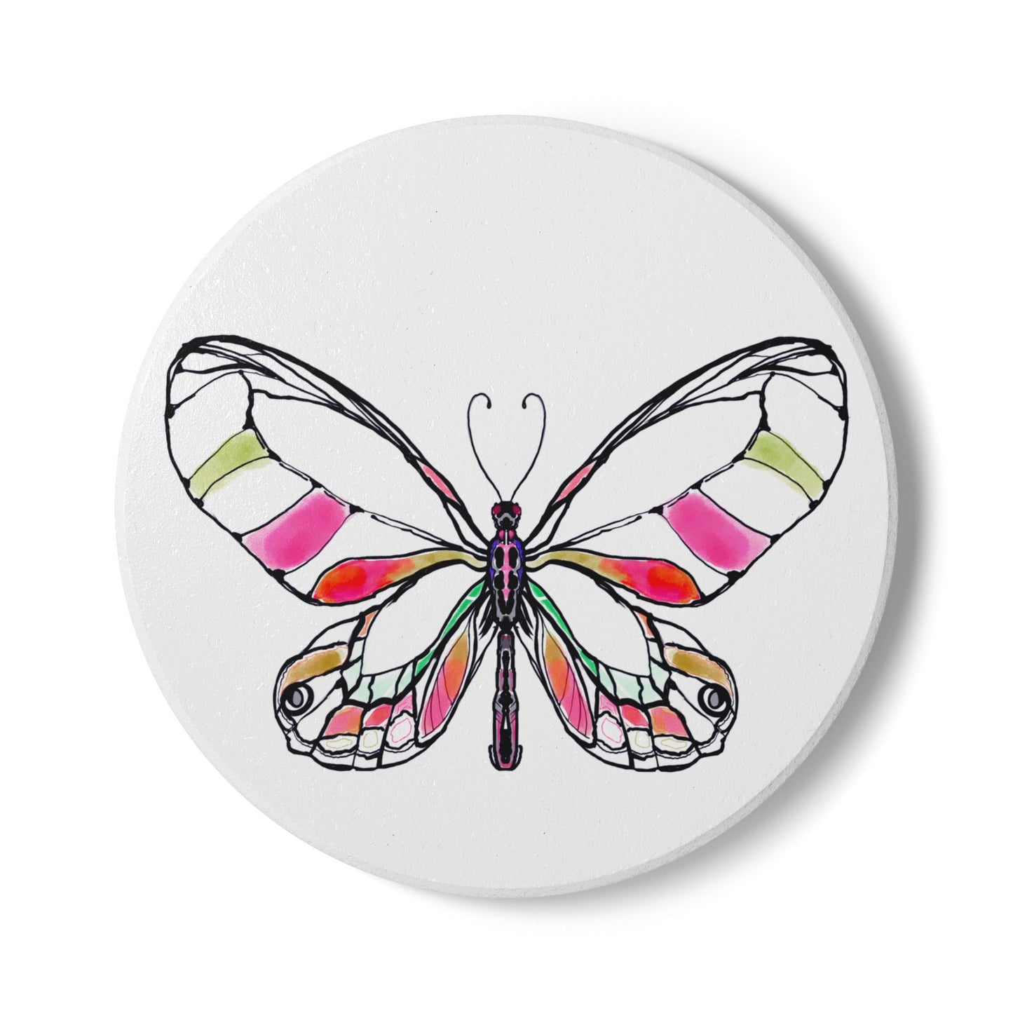 Butterfly Blossom Romp Ceramic Coaster, Multi Color,  Pink, Green, Red