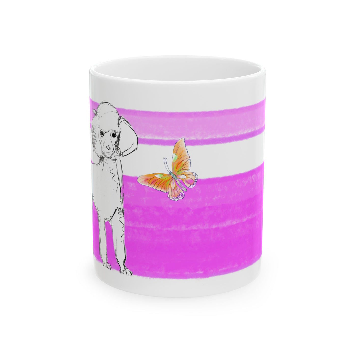 Mega Stripe Dogi Butterfly Flutter Ceramic Mug, (11oz, 15oz),  Purplish Pink Poodle