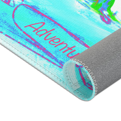 Inspirational Landscapes Indoor/Outdoor Area Rug, "Adventure Is Best",  Blue, Aqua, and Lilac