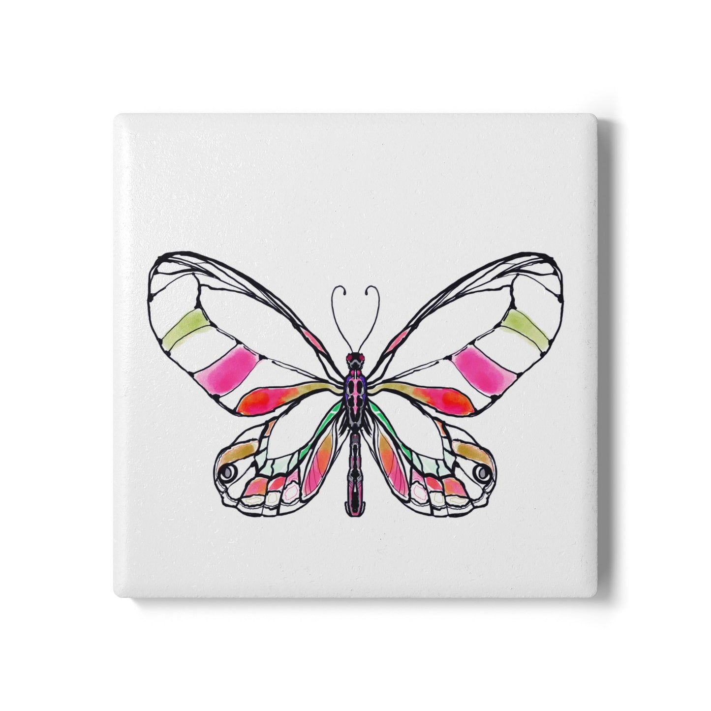 Butterfly Blossom Romp Ceramic Coaster, Multi Color,  Pink, Green, Red