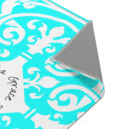 Scrollwork Indoor/Outdoor Rug Aqua "Sola Gratia..."
