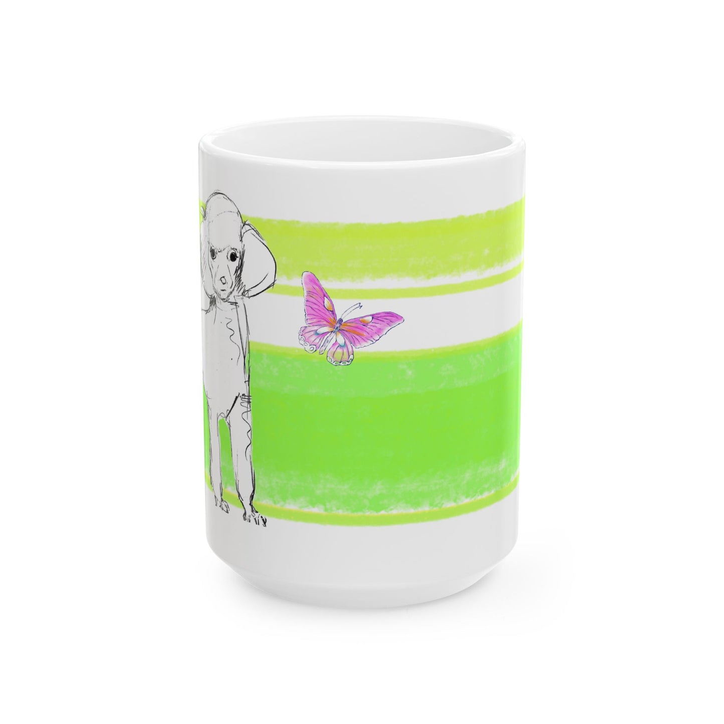 Mega Stripe Dogi Butterfly Flutter Ceramic Mug, (11oz, 15oz) Yellow Green Poodle