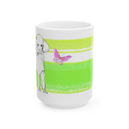 Mega Stripe Dogi Butterfly Flutter Ceramic Mug, (11oz, 15oz) Yellow Green Poodle