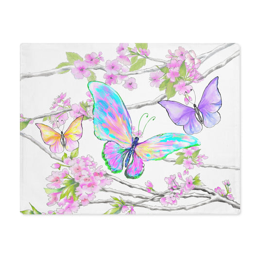Butterfly Blossom Whirl Cotton Placemat, 1pc Blue, Fabric Background Creamy White, #4
