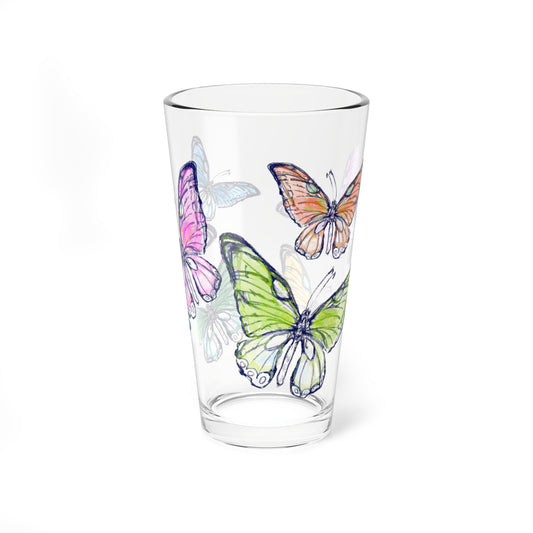 Blossom Whirl Pint Glass, 16oz, Largest Butterfly is Yellow Green