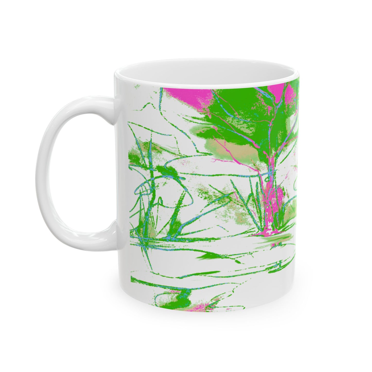 Joyful Landscapes Ceramic Mug in Green and Lavender, 11oz, 15oz.