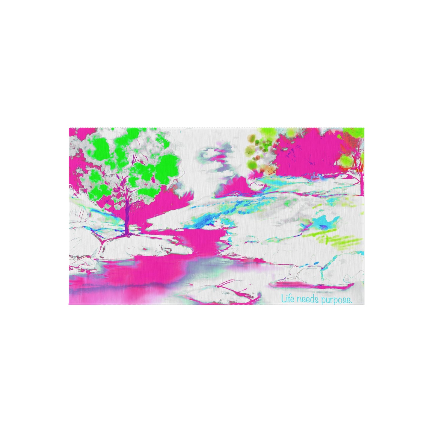 Inspirational Landscapes  Indoor/Outdoor Area Rug, "Life needs purpose" Raspberry and Green