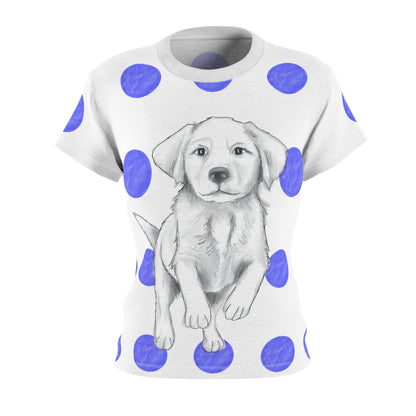 Dogi Fun Women's Tee shirt White with Blue Polka Dots, Lab Puppy