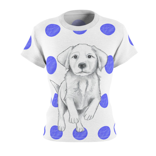 Dogi Fun Women's Tee shirt White with Blue Polka Dots, Lab Puppy