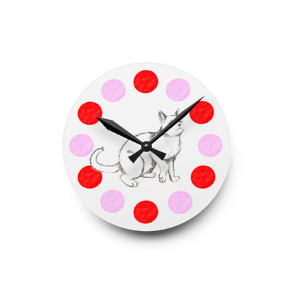 Kitty Fun, Acrylic Wall Clock, Pink and Red polka dots