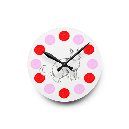 Kitty Fun, Acrylic Wall Clock, Pink and Red polka dots