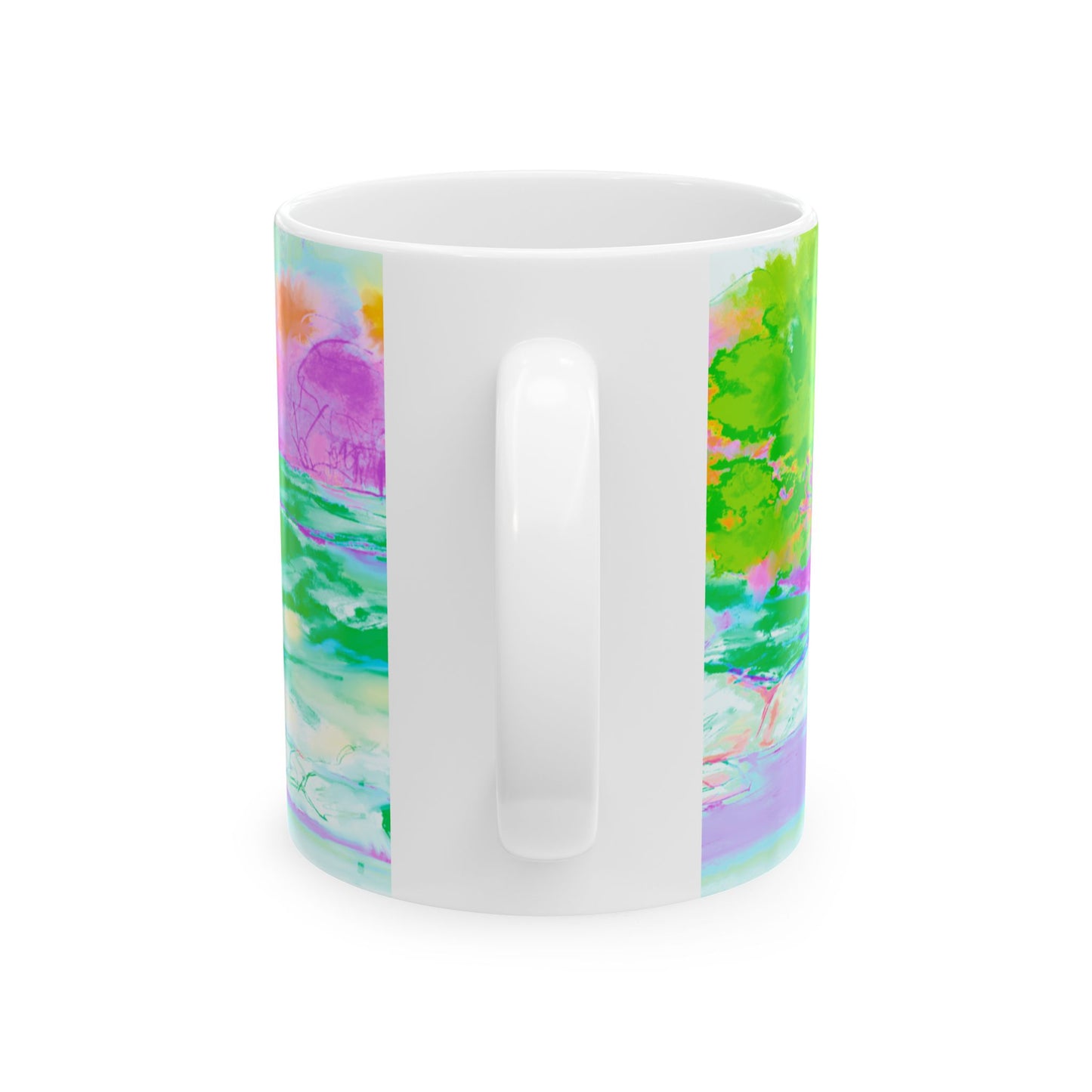 Inspirational Landscapes Ceramic Mug in Green, Yellow, and Purple, "Sovereignty teaches that everything has its season" 11oz, 15oz.