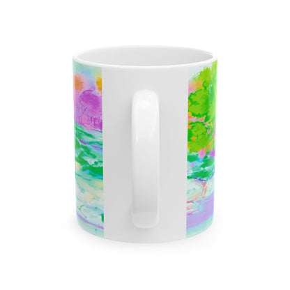 Inspirational Landscapes Ceramic Mug in Green, Yellow, and Purple, "Sovereignty teaches that everything has its season" 11oz, 15oz.