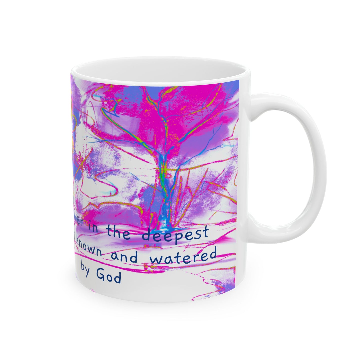 Inspirational Landscapes Ceramic Mug in Raspberry and Yellow "The flower in the deepest woods is known and watered by God", 11oz, 15oz.