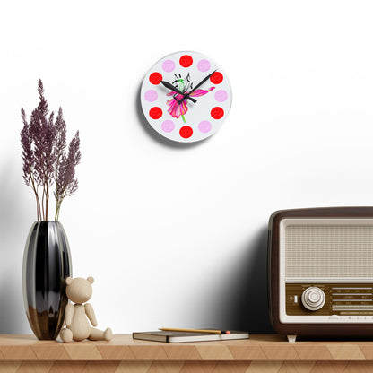 Tulip Love  Acrylic Wall Clock, Pink and Red polka dots tulip