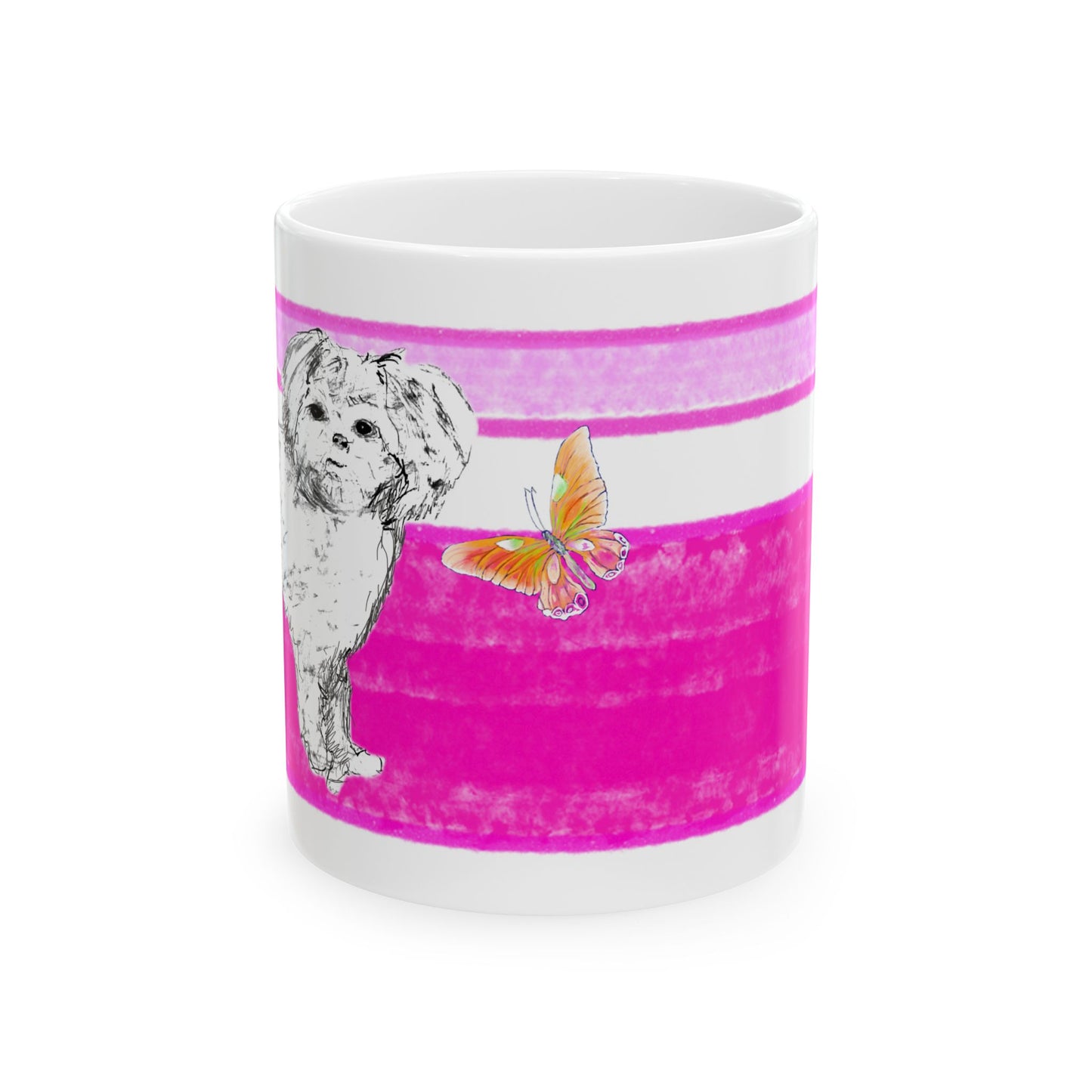 Mega Stripe Dogi Butterfly Flutter Ceramic Mug, (11oz, 15oz),  Raspberry Pink Shih Tzu