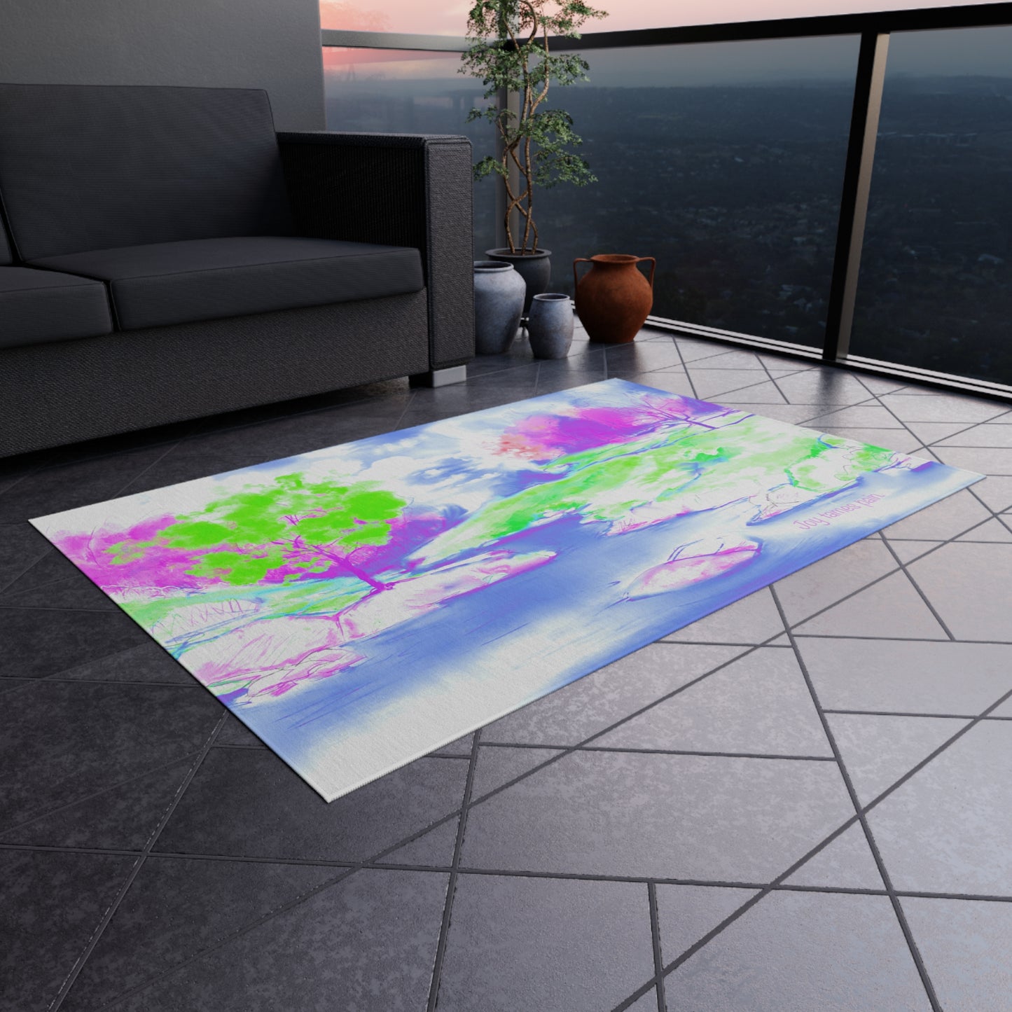 Inspirational Landscapes Indoor/Outdoor Area Rug, "Joy tames Pain"  Blue, Aqua, and Lilac Non-slip
