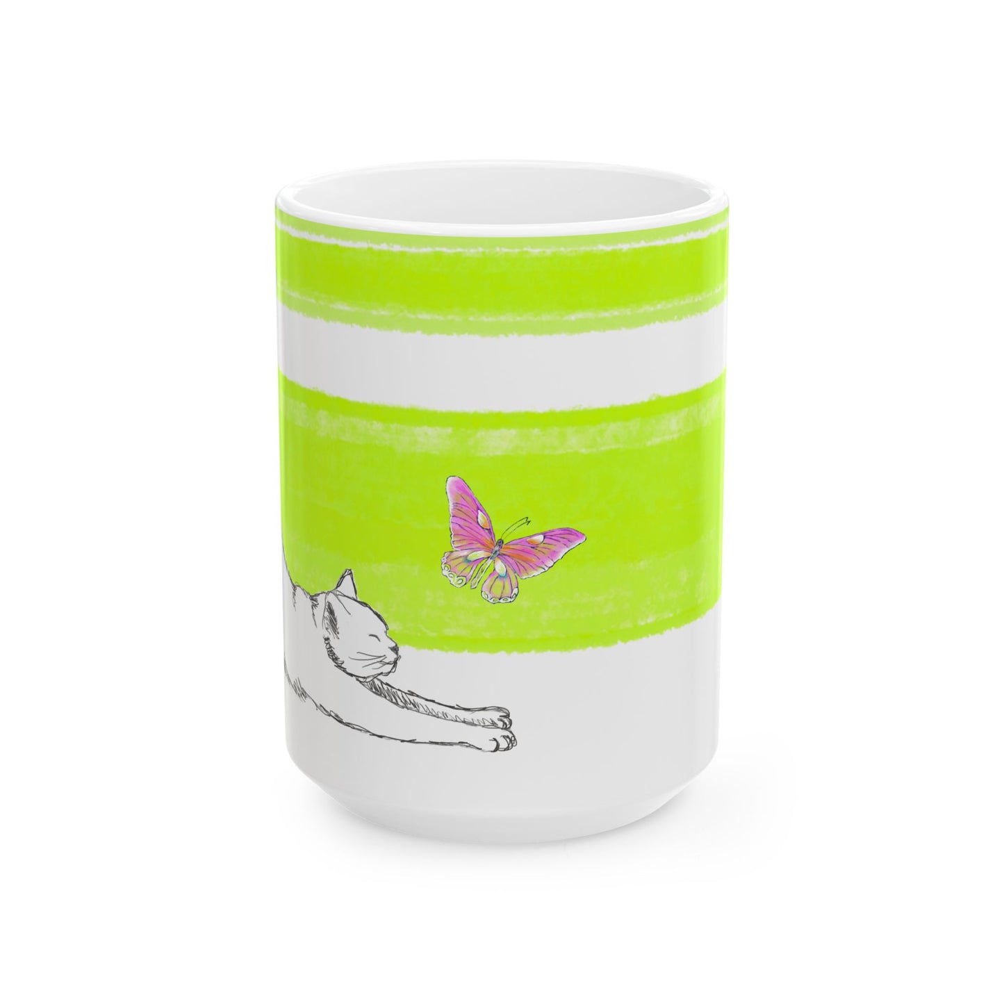 Mega Stripe Kitty Butterfly Flutter Ceramic Mug Lime