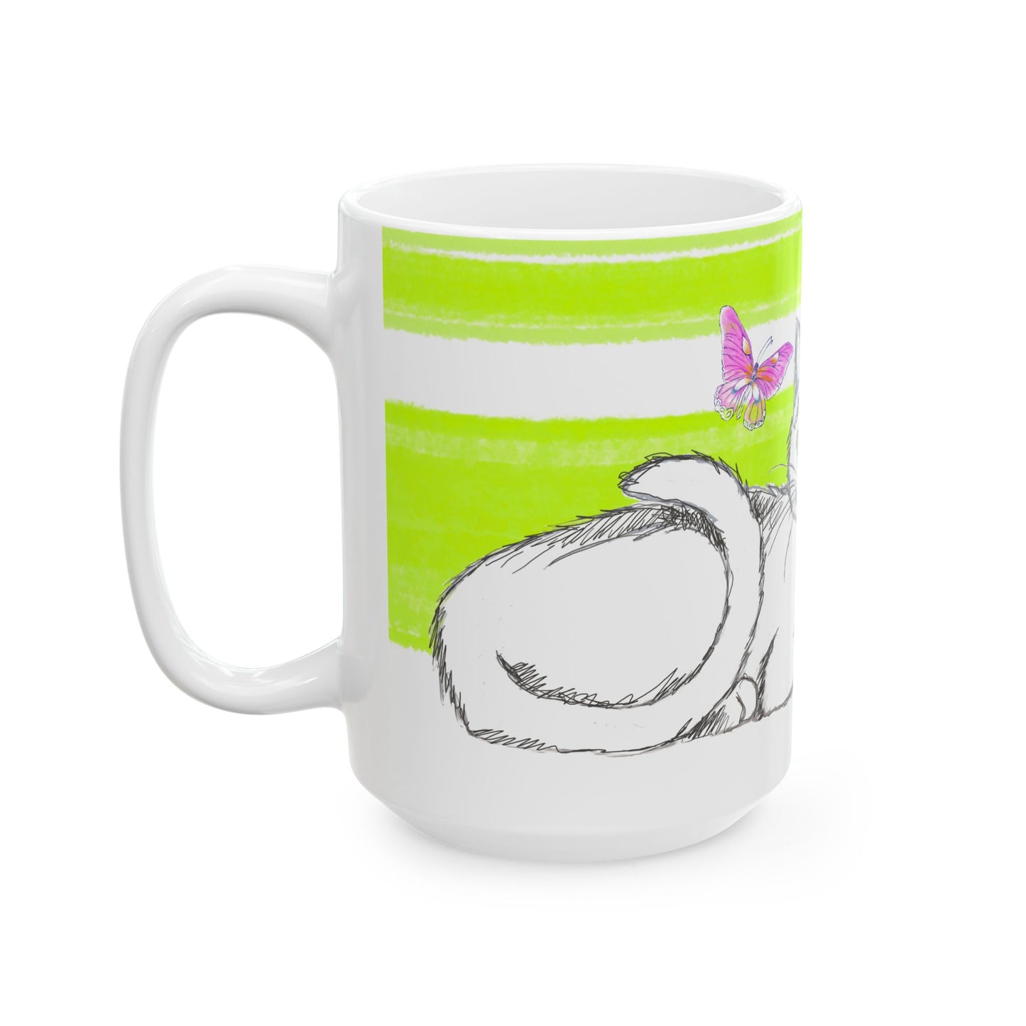Mega Stripe Kitty Butterfly Flutter Ceramic Mug Lime