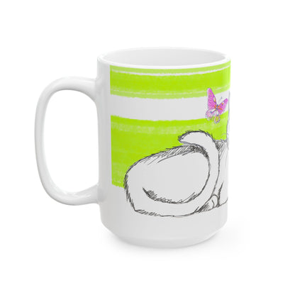 Mega Stripe Kitty Butterfly Flutter Ceramic Mug Lime
