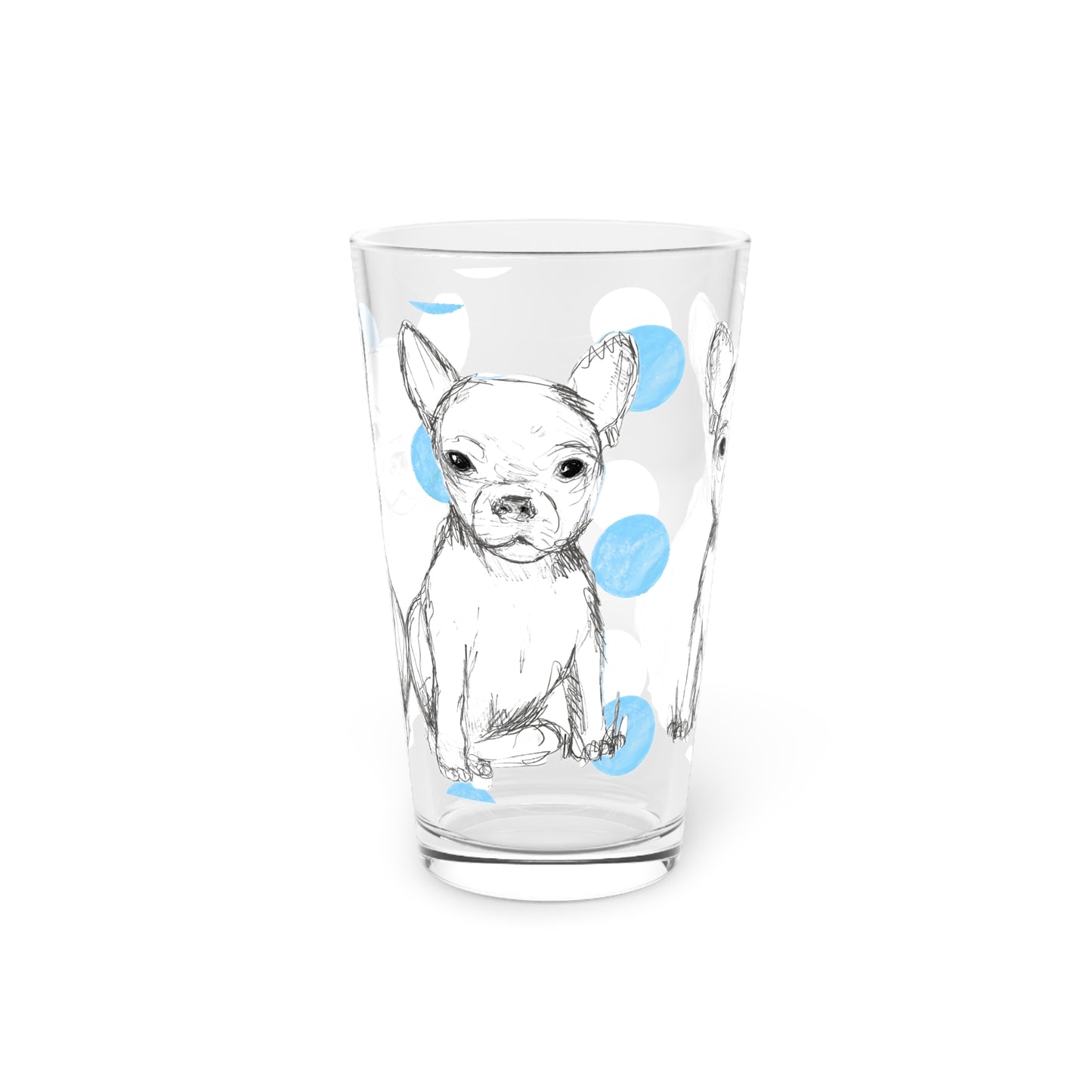 Dogi Fun and Polka Dots Pint Glass in Aqua, Chihuahua, 16oz
