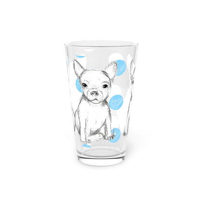 Dogi Fun and Polka Dots Pint Glass in Aqua, Chihuahua, 16oz