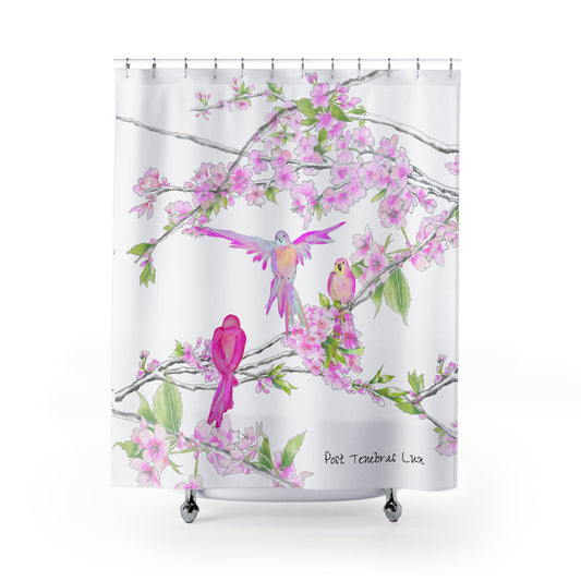 Pilgrim Cherry Chirp Shower Curtains, Water-color Cherry Blossoms With Birds Fluttering in the Branches, Post Tenebras Lux