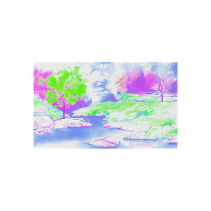 Inspirational Landscapes Indoor/Outdoor Area Rug, "Joy tames Pain"  Blue, Aqua, and Lilac Non-slip