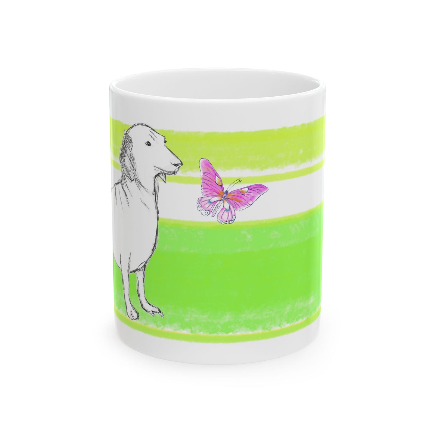 Mega Stripe Dogi Butterfly Flutter Ceramic Mug, (11oz, 15oz) Yellow Green Dachshund