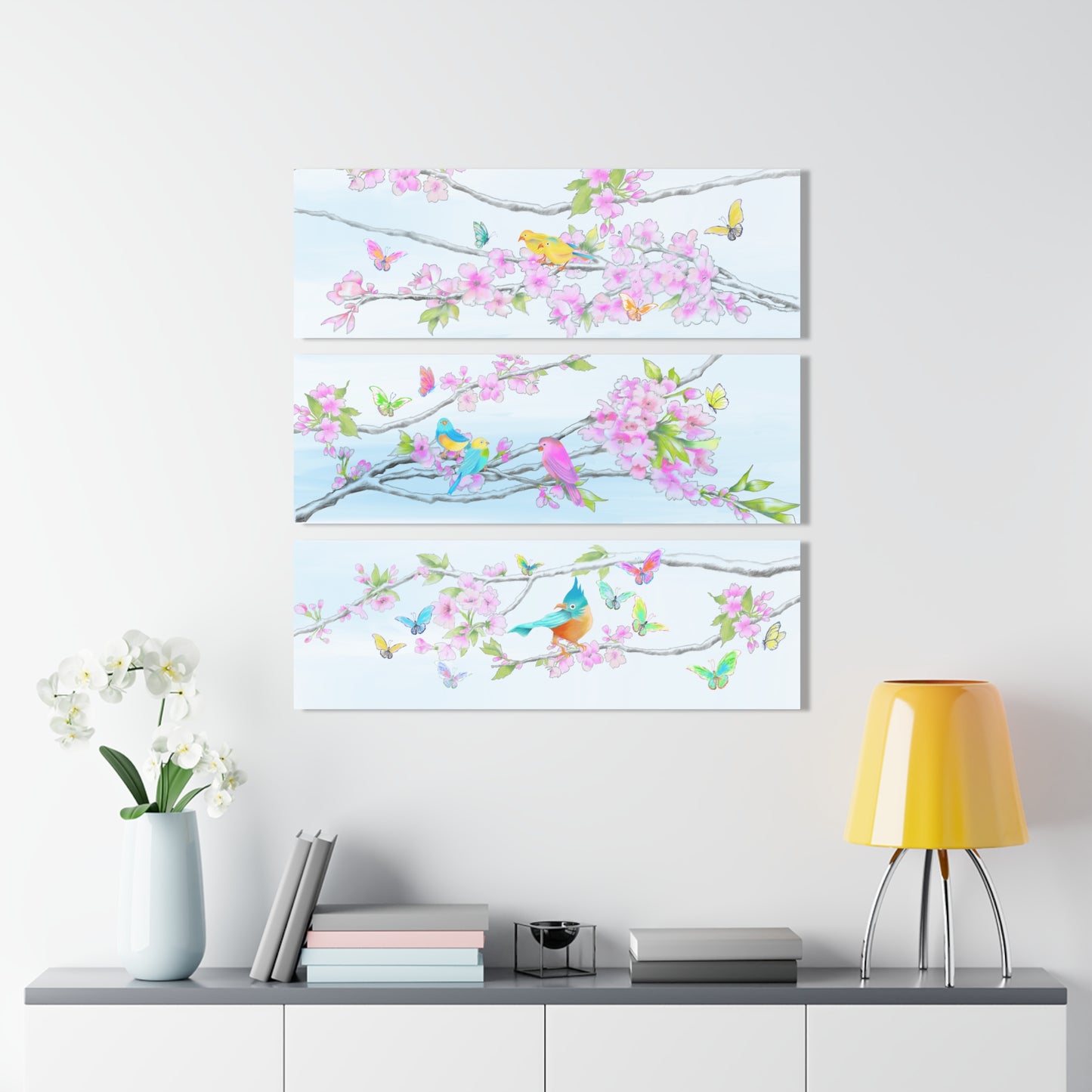 Cherry Chirp Acrylic Prints (Triptych), 6 Birds and Butterflies