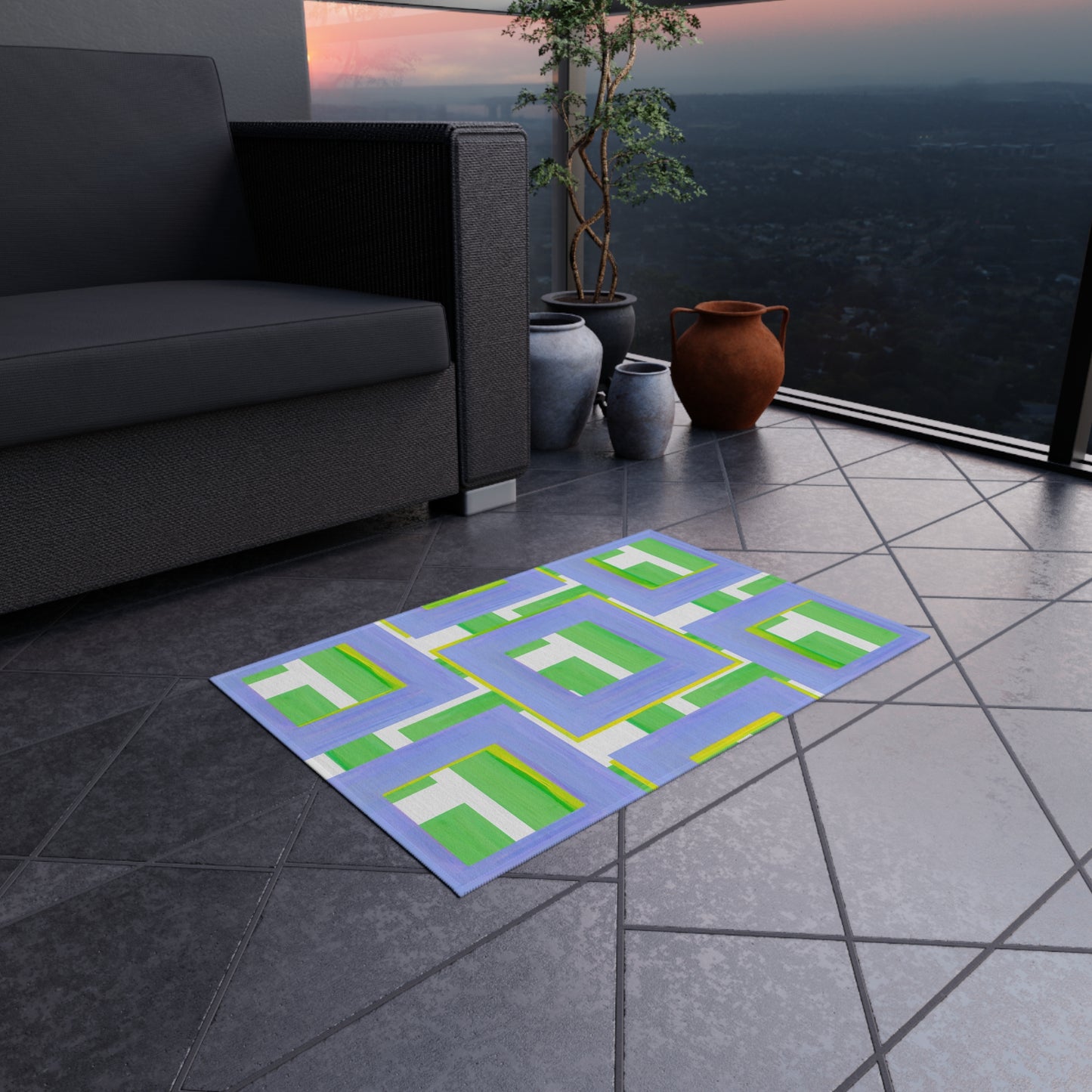 Indoor/Outdoor Rug Color Blocks Green & Periwinkle