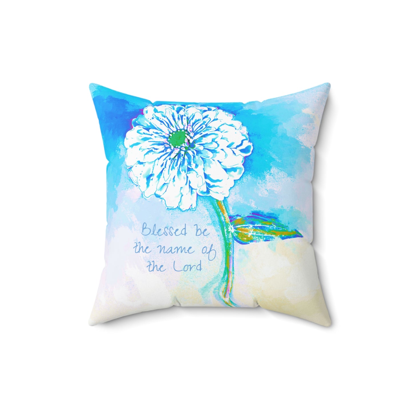 Zinnia Quiet Reflection Spun Polyester Square Pillow in Blue "Blessed be the name of the Lord"
