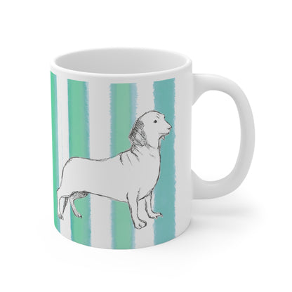 Dogi Fun Ceramic Mug Green Aqua Stripes Dachshunds