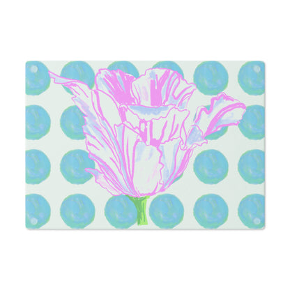 Dancing Tulips Cutting Board, Aqua Polka Dots