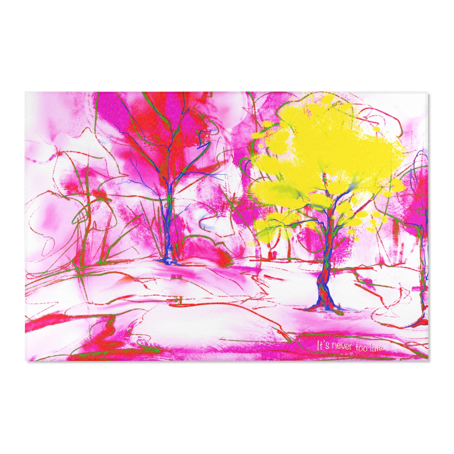 Inspirational Landscapes Indoor Rug in Red, "It's never too late" Pink, and Yellow