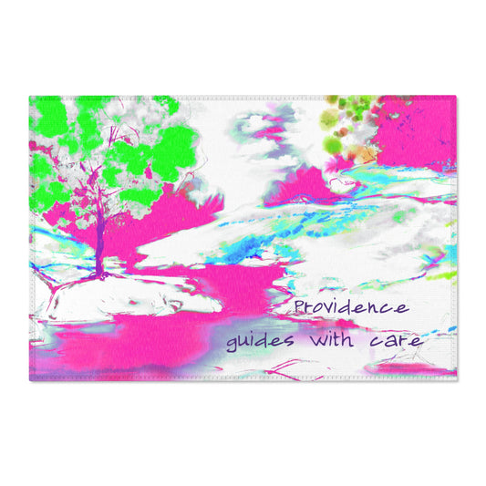 Inspirational Landscapes Indoor Rug in Raspberry, Purple and Green "Providence guides with care"
