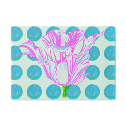 Dancing Tulips Cutting Board, Aqua Polka Dots