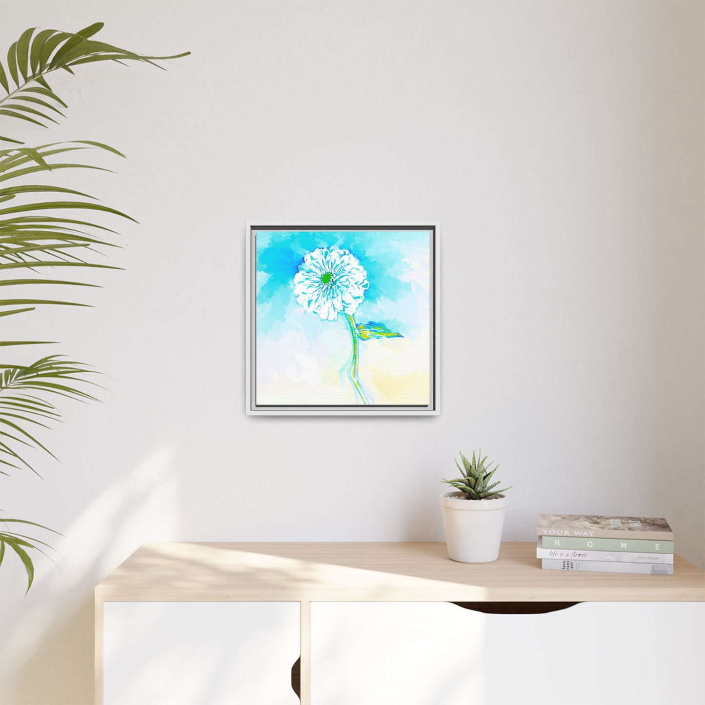 Zinnia Color Splash Matte Canvas Aqua Framed