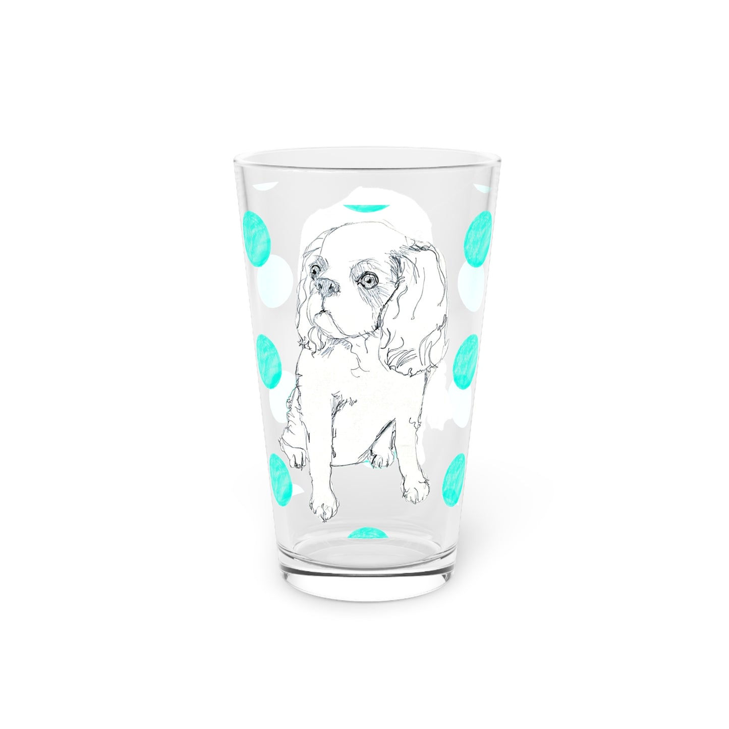Dogi Fun and Polka Dots Pint Glass in Aqua, Cocker Spaniel, 16oz