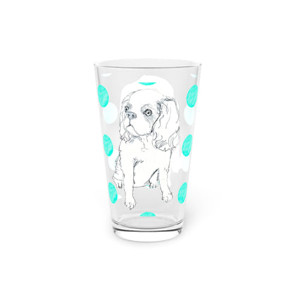 Dogi Fun and Polka Dots Pint Glass in Aqua, Cocker Spaniel, 16oz