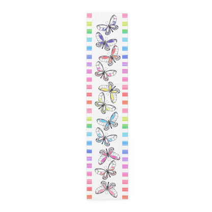 Butterfly Flutterstripe Table Runner in Multi-color with Checked Border 1 size ( 16" × 72")  available in Cotton "creamier" & Polyester "whiter"