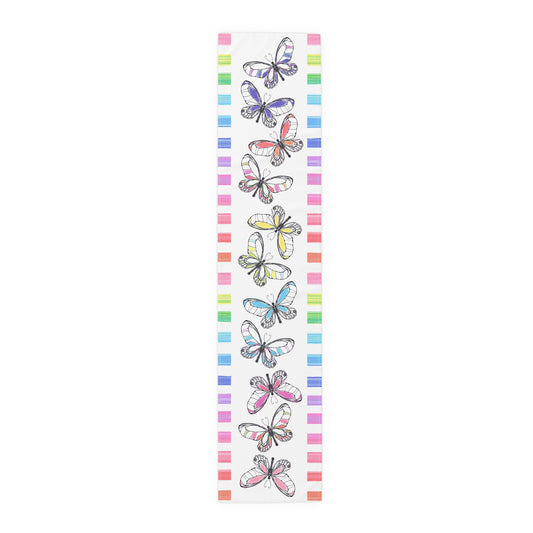 Butterfly Flutterstripe Table Runner in Multi-color with Checked Border 1 size ( 16" × 72")  available in Cotton "creamier" & Polyester "whiter"
